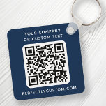 Llavero Personalizado logo código QR texto doble cara azul<br><div class="desc">Cadena de teclas de doble cara con el logotipo de su personalizado,  código QR y texto personalizado en un fondo de color azul oscuro o personalizado. Cambiar fuentes y colores de fuente,  mover y cambiar el tamaño de los elementos con la herramienta de diseño.</div>