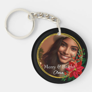 Llavero Personalizado Merry Navidades Brillantes Foto Flor