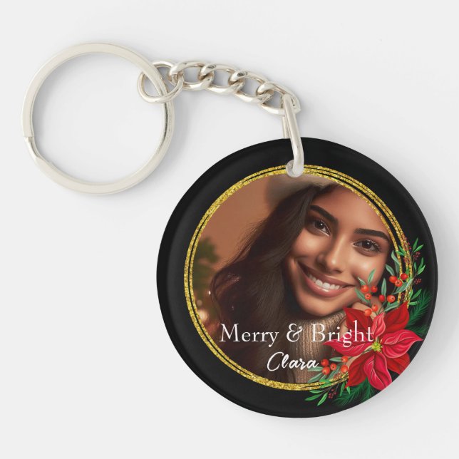 Llavero Personalizado Merry Navidades Brillantes Foto Flor (Frente)