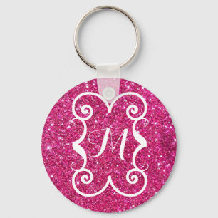 Llavero Personalizado Monograma blanco Purpurina rosado de