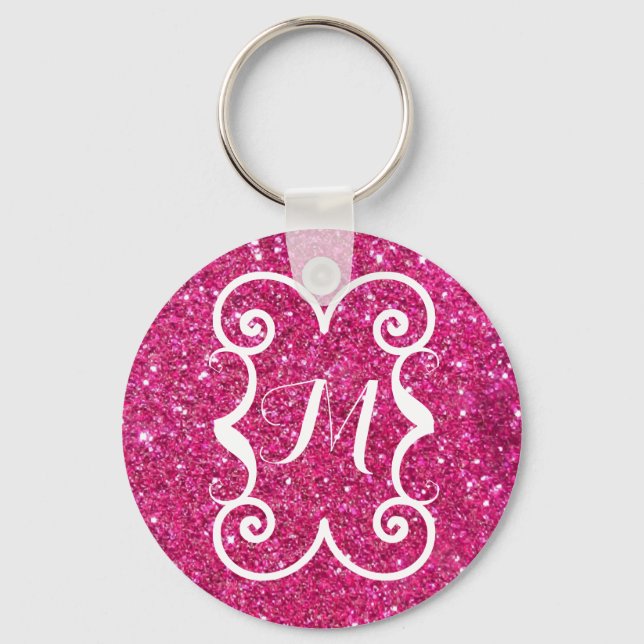 Llavero Personalizado Monograma blanco Purpurina rosado de (Anverso)