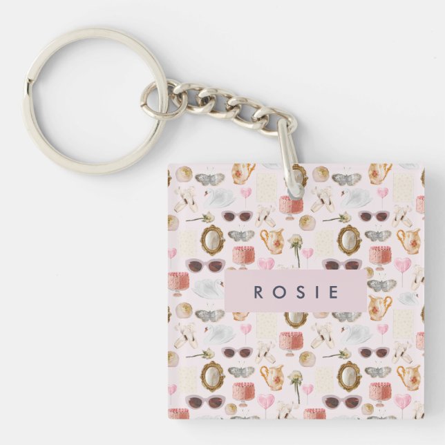 Llavero Personalizado Monograma Coquette Cute chica Rosa F (Frente)