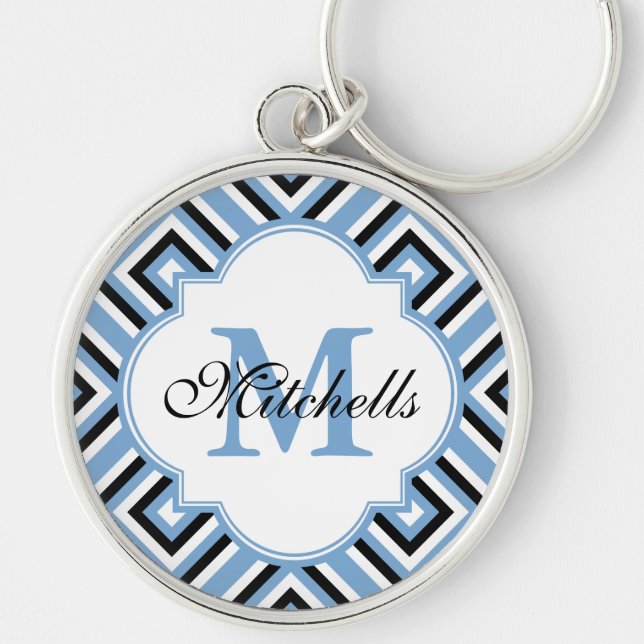 Llavero Personalizado Monograma Keychain Moderno Azul Blan (Frente)