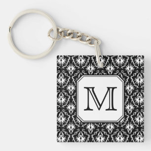 Llavero  Personalizado Monograma. Patrón de Damasco en bl