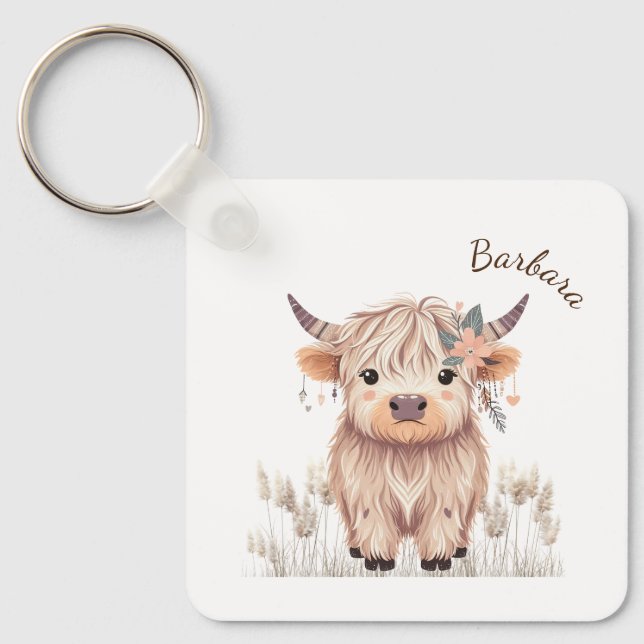 Llavero Personalizado Nombre Cute Moderno Boho Highland Co (Anverso)