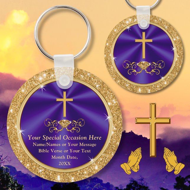 Llavero Personalizado, Partido Cristiano Favor, Cualquier  (Church Anniversary Favors. Purple and Gold, Christian Keychains. Gifts for church members. Scripture)