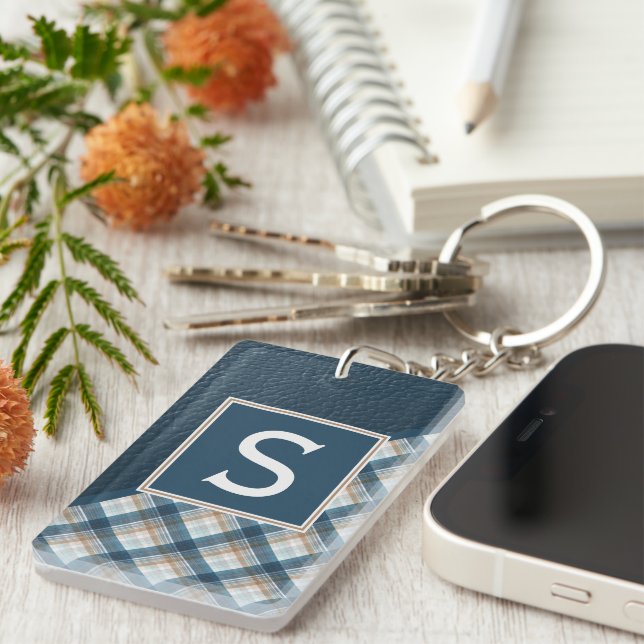 Llavero Personalizado Rústico Oscuro Azul Estampado Marrón (Frente Derecha)