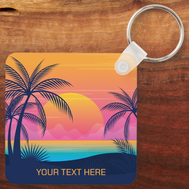 Llavero Personalizado Texto Isla tropical Atardecer (Reverso )