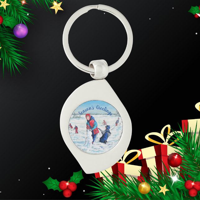 Llavero PERSONALIZAR la escena de pintura de invierno azul (Elegant Keychain with wintery children playing landscape.)