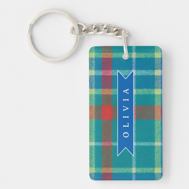 Llavero Personalized Custom Blue Plaid Preppy Style (Frente)