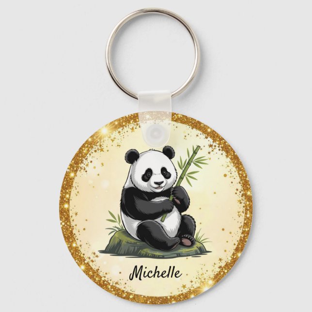 Llavero Personalized Cute Panda Bear Greenery Bamboo Gold  (Anverso)