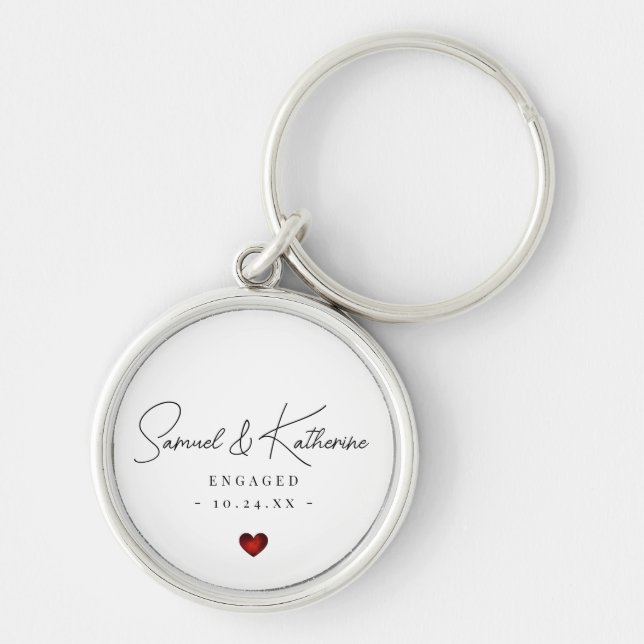 Llavero Personalized Engagement Date White Heart Script (Frente)