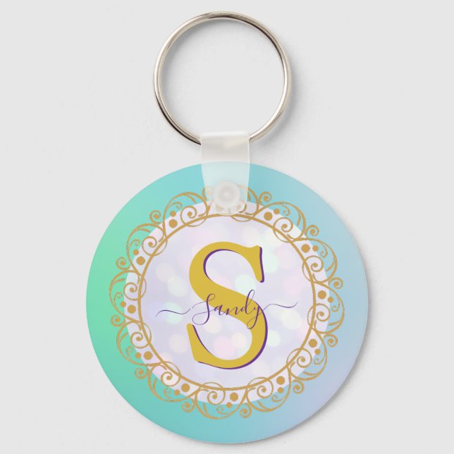 Llavero Personalized Monogram Mandala Gold and Blue (Anverso)