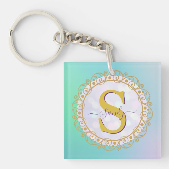 Llavero Personalized Monogram Mandala Gold and Blue (Frente)