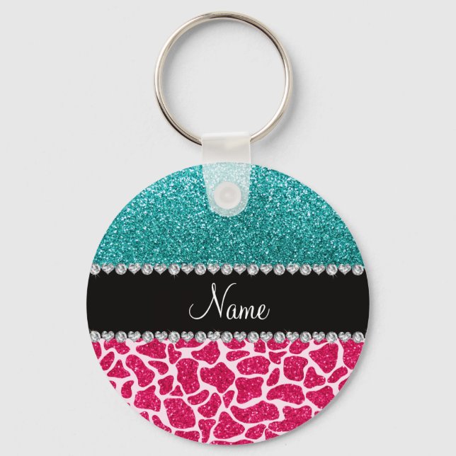 Llavero Personalized name pink giraffe turquoise glitter (Anverso)