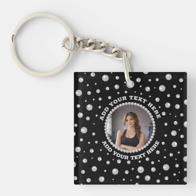 Llavero Personalized Photo with Pearls Circle on Black (Frente)
