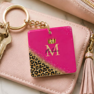Llavero Personalized Pink Leopard Gold Glitter Monogram