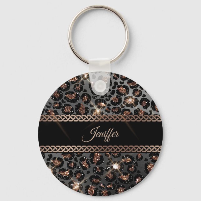 Llavero Personalized Trendy Leopard Black Gold Glitter     (Anverso)