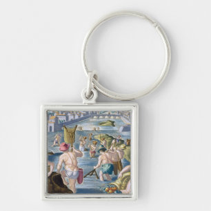 Llavero Pescando en aguas bajas usando redes, platee 96