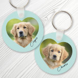 Llavero Pet dog photo inside heart with name aqua blue<br><div class="desc">Aqua blue or custom color keyring featuring your pets photo inside a heart with the name in a handwritten style script font. Double sided printing.</div>