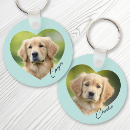 Llavero Pet dog photo inside heart with name aqua blue