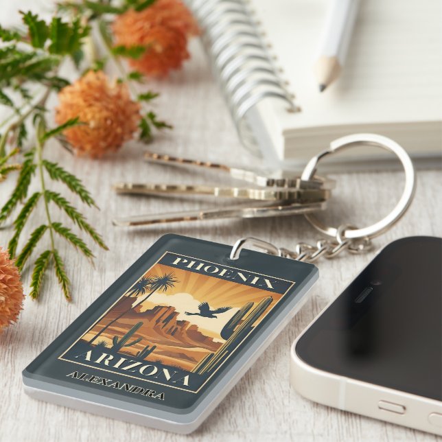 Llavero Phoenix Arizona Retro Travel Optional Custom Name (Frente Derecha)