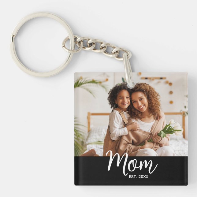 Llavero Photo Mom Established Date White Script on Black (Frente)