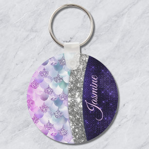 Llavero Piel de sirena morado plata falso brillo monograma