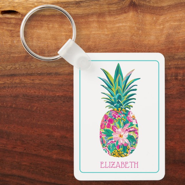 Llavero Piña tropical rosa y verde floral (Anverso)