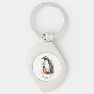 Llavero Pingüino acuarela tonos de atardecer, personalizad
