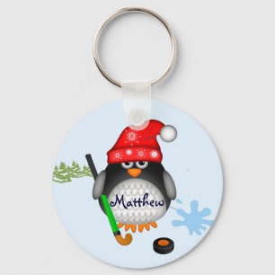 Llavero Pingüino de hockey con nombre gorra y personalizad