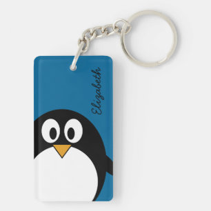 Llavero pingüino personalizado lindo con fondo azul