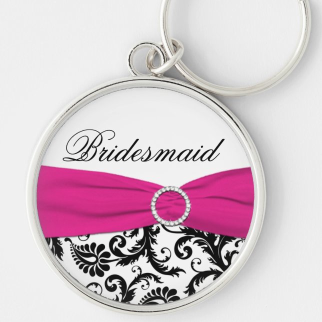 Llavero Pink, Black, White Damask Bridesmaid (Frente)