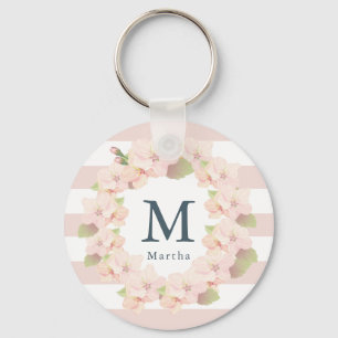 Llavero Pink Cherry Blossom Wreath Stripe Monogram