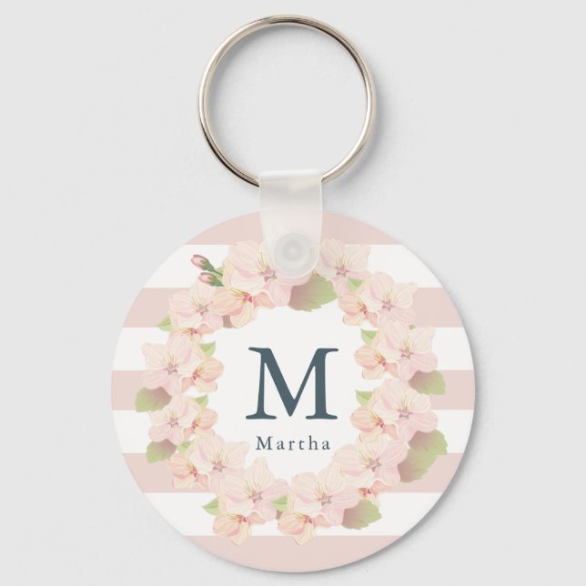 Llavero Pink Cherry Blossom Wreath Stripe Monogram (Anverso)