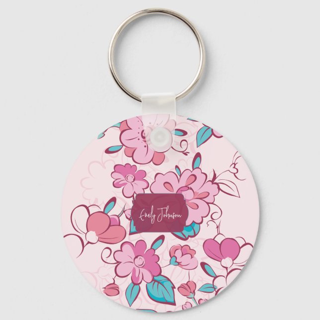 Llavero Pink Floral Blossom Script Name Paper Coaster (Anverso)