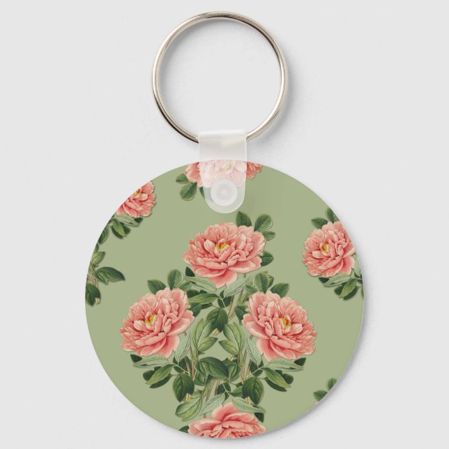 Llavero Pink Floral Pattern on Green Background | Seamless (Anverso)