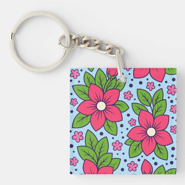 Llavero Pink Florals with Bold Petals and Green Leaves (Frente)