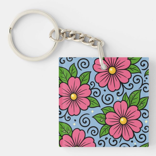 Llavero Pink Florals with Green Leaves and Curved Details (Frente)