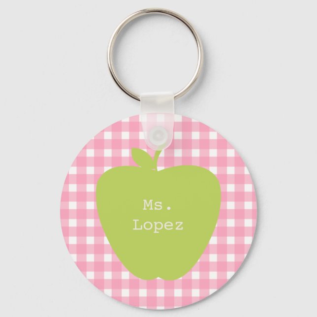 Llavero Pink Gingham & Green Apple Teacher (Anverso)