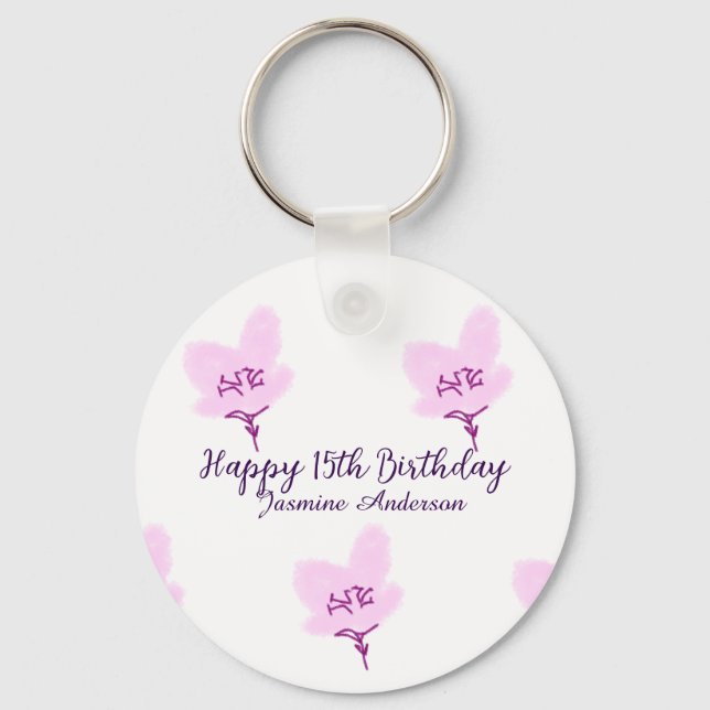 Llavero Pink mauve floral 15th birthday quinceanera name d (Anverso)