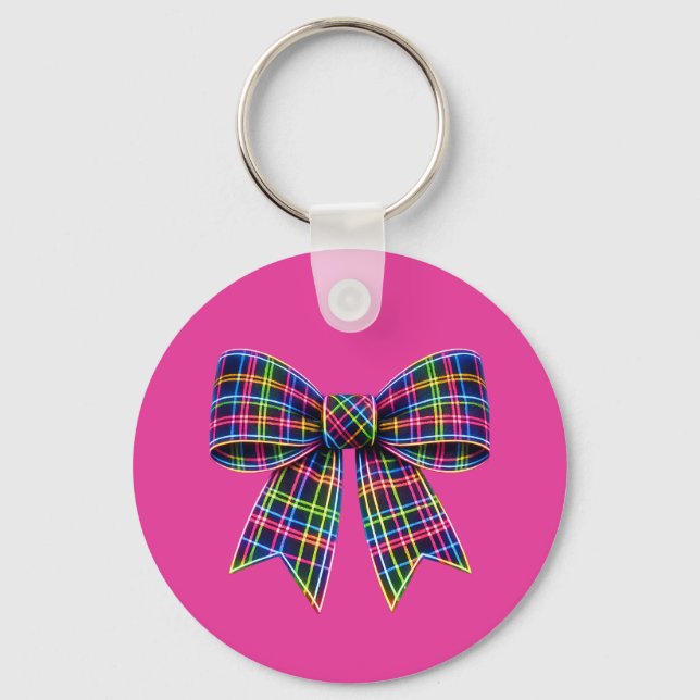 Llavero Pink Neon Bow Tartan Ribbon Scottish Cute (Anverso)
