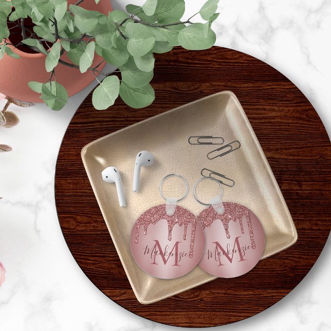 Llavero Pink Rose Gold Faux Glitter Drips Monogram (Subido por el creador)