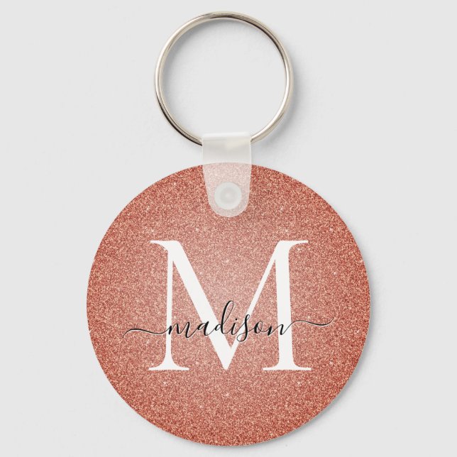 Llavero Pink Rose Gold Glitter Sparkle Script Monogram (Anverso)