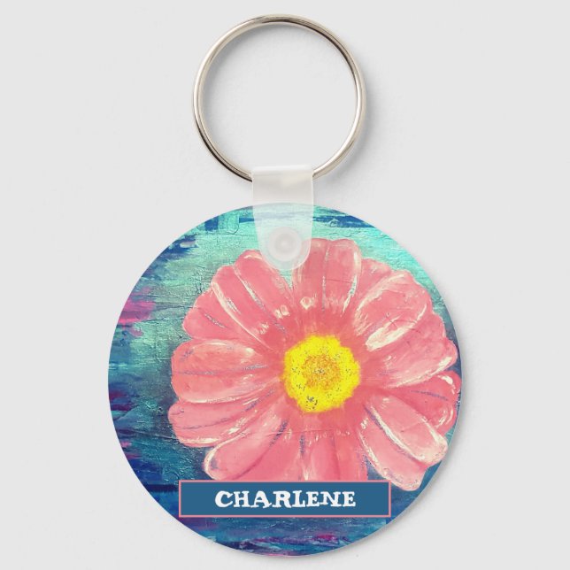 Llavero Pintado acrílico de flor PINK (Anverso)
