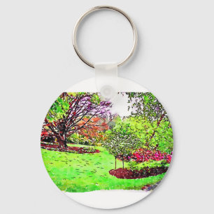 Llavero Pintura acuarela de un frondoso jardín de primaver