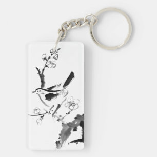 Llavero Pintura china, flor del ciruelo y pájaro
