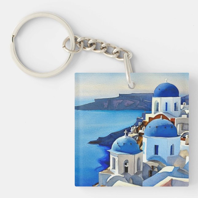Llavero Pintura de acuarela de Santorini Grecia (Frente)