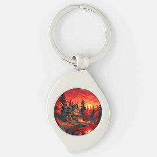 Llavero Pintura de atardecer con cabaña y lago-66633