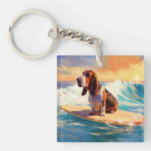 Llavero Pintura de Basset Hound Surf en la Playa